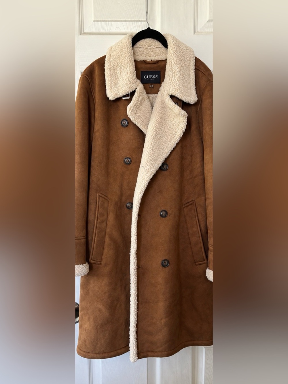 Men's Guess Brown Shearling Coat with Cream Sherpa Lining